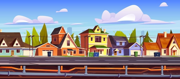 Town street with underground pipeline system Vector cartoon illustration of suburban neighborhood private houses garages along road water supply and drainage pipes under asphalt utility services