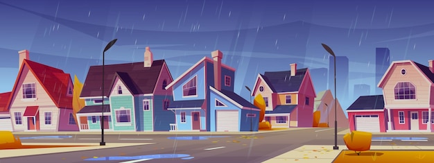 Free vector town suburban neighborhood with houses in rain