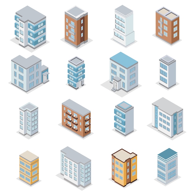 Townhouse building icons set with city landscape isometric isolated  illustration