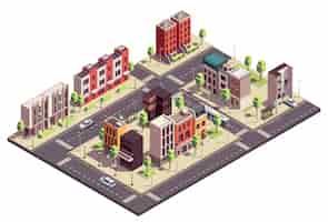 Free vector townhouse buildings isometric composition with urban landscape and streets with city blocks living houses and cars