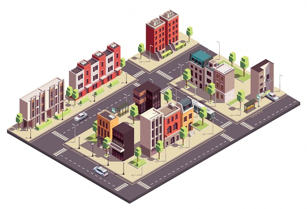 Здания таунхаусов изометрическая композиция с городским пейзажем и улицами с городскими кварталами жилых домов и автомобилей