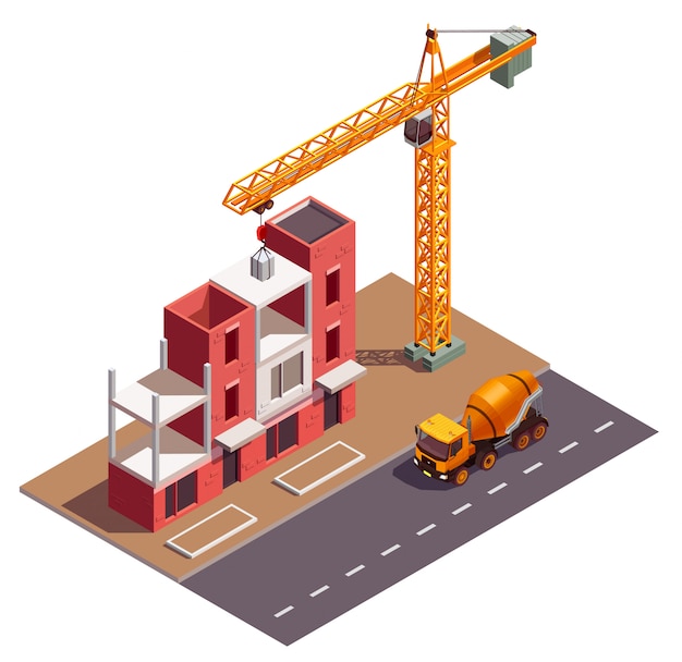 Free vector townhouse buildings isometric composition with view of building site crane and residential dwelling house under construction
