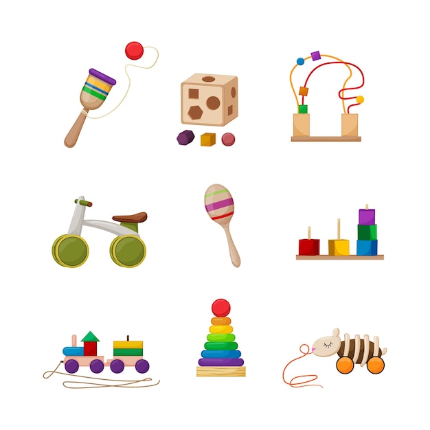 Toy wooden baby cartoon icons set vector