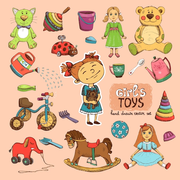 toys for girl illustration: bike doll horse bucket and shovel