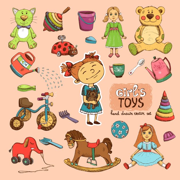 toys for girl illustration: bike doll horse bucket and shovel