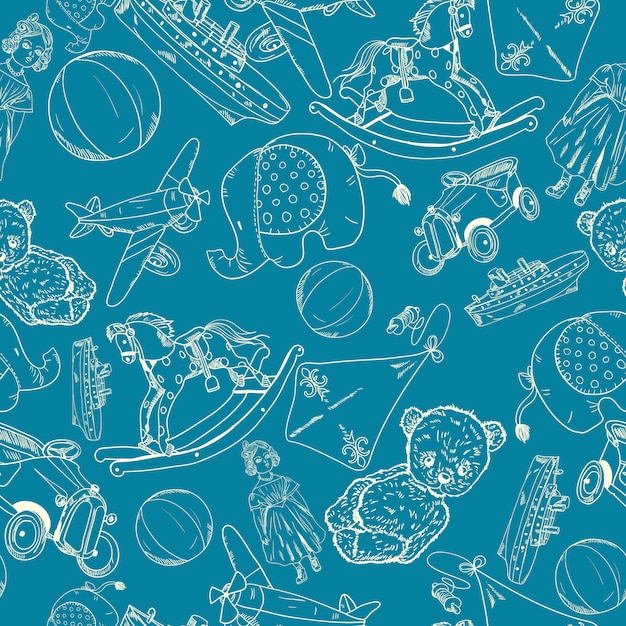 Free vector toys sketch blue seamless pattern