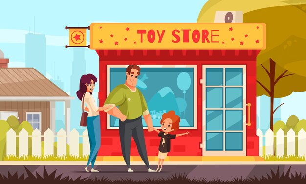 おもちゃ屋の色付きの背景と小さな女の子が彼女の両親をおもちゃ屋のイラストに引っ張る