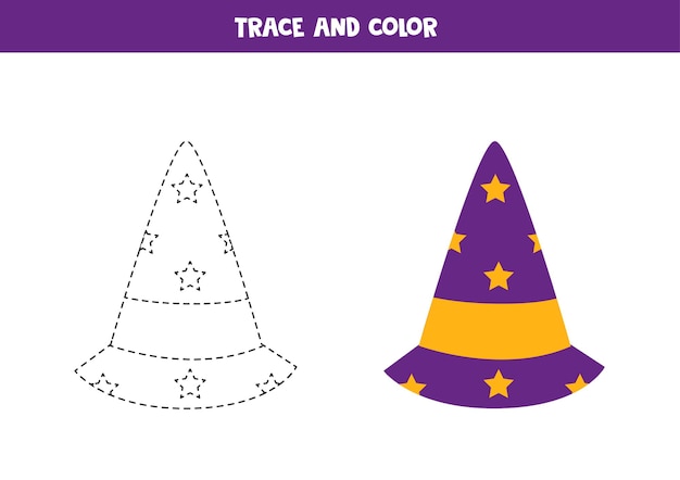 Trace and color halloween hat. worksheet for kids.