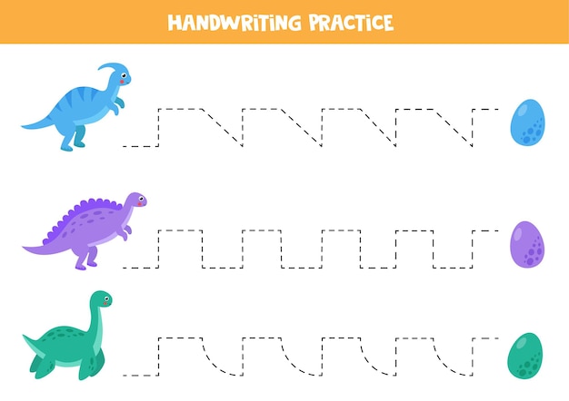 Trace the lines activity page with cute dinosaurs and eggs. handwriting practice for kids.