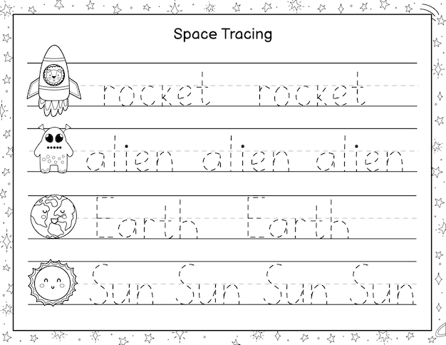 Trace words black and white activity page for kids handwriting practice worksheet with funny space