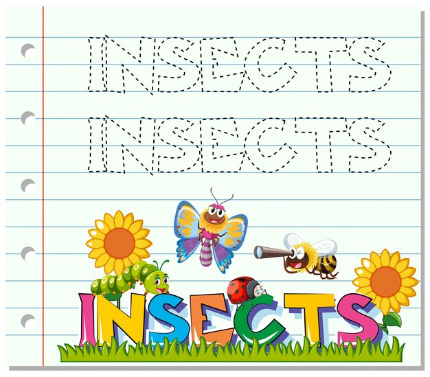 Tracing worksheet for word insects