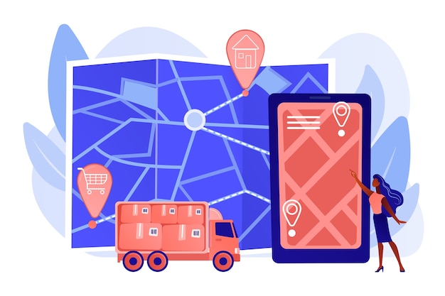 Free vector tracking delivery, package on smartphone application. delivery point validation, delivery driver app, independent courier concept. pinkish coral bluevector isolated illustration