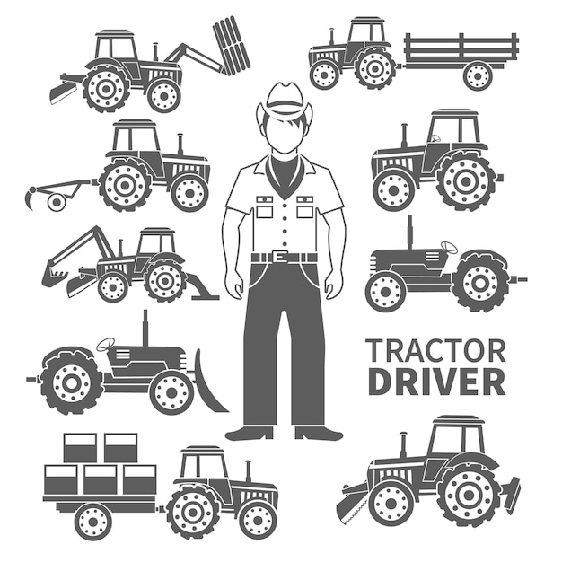 L'insieme decorativo del nero delle icone delle macchine agricole del driver e dell'azienda agricola ha isolato l'illustrazione di vettore