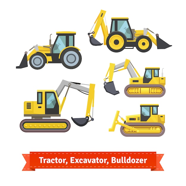 Free vector tractor, excavator, bulldozer set