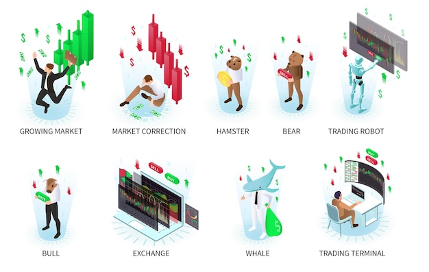 Free vector trading isometric recolor set with whale and bear symbols isolated vector illustration