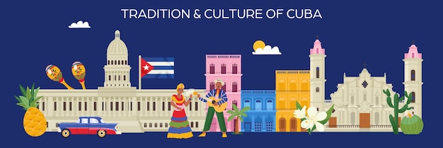 Free vector tradition and culture of cuba horizontal flat banner with cuban landmarks flora and people on blue background vector illustration