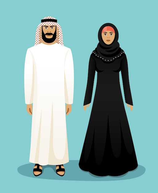 Традиционная арабская одежда. Арабский мужчина и арабская женщина. Восточный мусульманин, культура и одежда, векторные иллюстрации