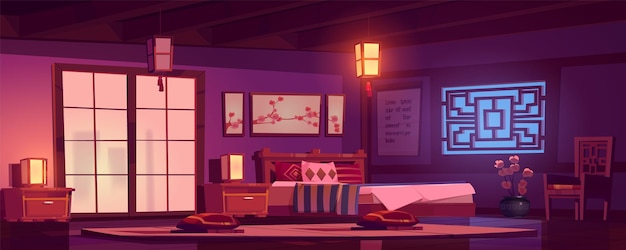 Camera da letto tradizionale asiatica di notte illustrazione di cartoni animati vettoriali di camera oscura con grande letto lampada di carta immagine di ramo di sakura su cuscini da parete e orchidee sul pavimento geroglifici su poster