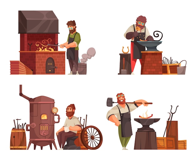 Free vector traditional blacksmith workshop concept 4 cartoon compositions with forge anvil hammer chisel wrought iron objects illustration