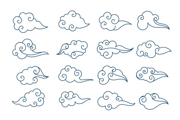 hand drawn chinese style clouds illustration on transparent