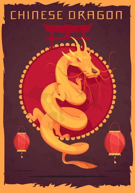 Free vector traditional chinese dragon strength power symbol  print tapestry wall decoration with red lanterns colorful