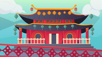 Traditional chinese temple exterior decorated with colourful lanterns at new year flat illustration