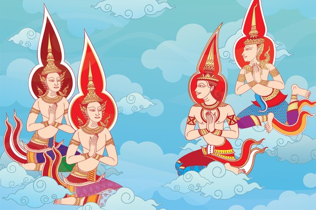 다양한 신과 천사에 대한 이야기를 전하는 전통적인 디자인 스타일의 태국 예술