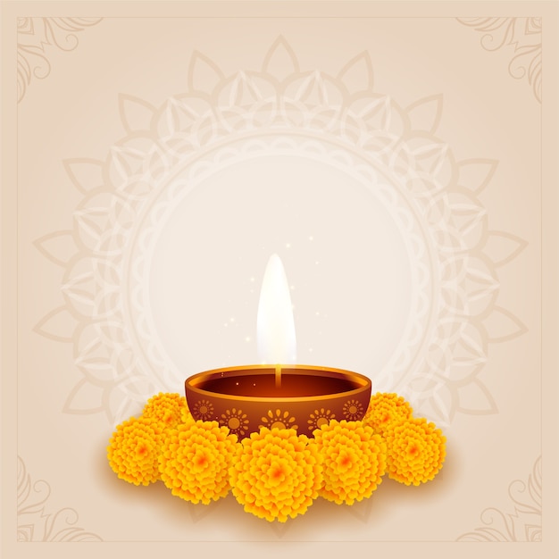 Traditional diwali puja background with diya and flower