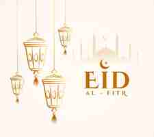 Free vector traditional eid al fitr wishes background with hanging lamp