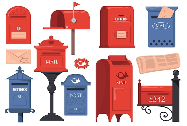 Traditional english letterboxes set. red and blue vintage mailboxes, old postboxes with letters isolated on white background.