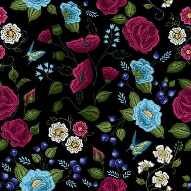 Traditional floral folk style embroidery seamless pattern