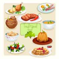 Free vector traditional food dishes set