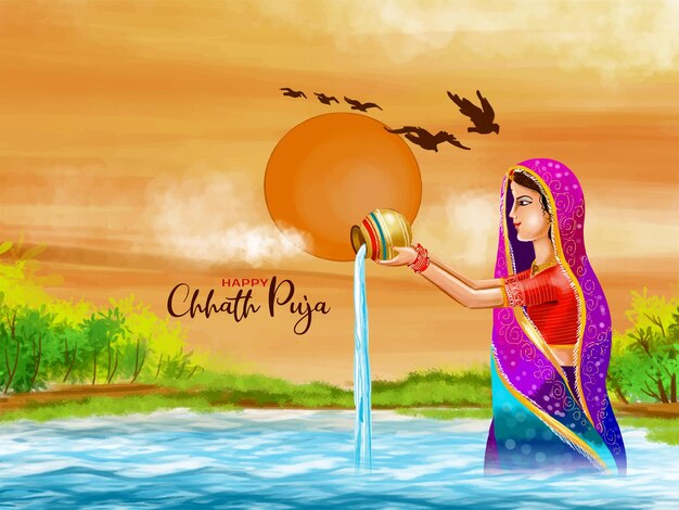 Vettore gratuito vettore di sfondo tradizionale happy chhath puja festival religioso indiano