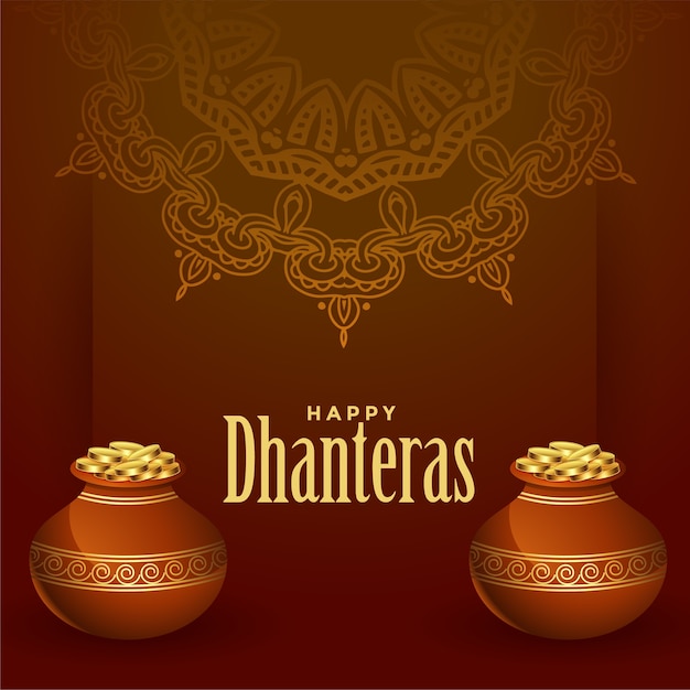 Traditional happy dhanteras background with golden coins pot