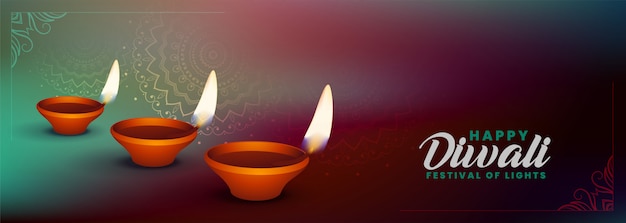 Traditional happy diwali banner with three diya