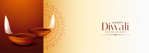 Free vector traditional happy diwali festival banner with two diya