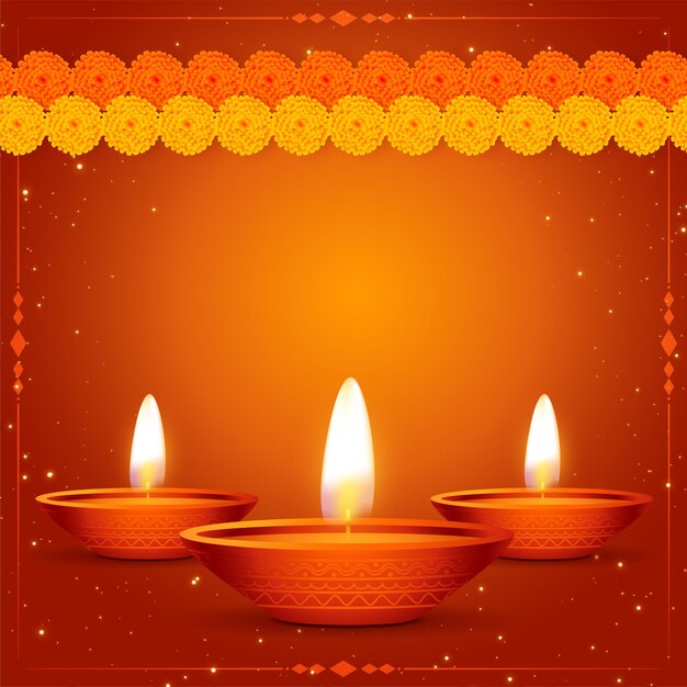 Traditional happy diwali realistic card with flower and diya