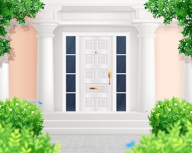 Vettore gratuito composizione casa tradizionale con scenario all'aperto e vista frontale dell'ingresso domestico circondato da cespugli verdi illustrazione vettoriale