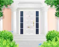 Free vector traditional house composition with outdoor scenery and front view of home entrance surrounded by green bushes vector illustration