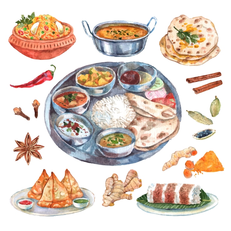 Free Vector traditional indian cuisine restaurant food ingredients pictograms composition poster 