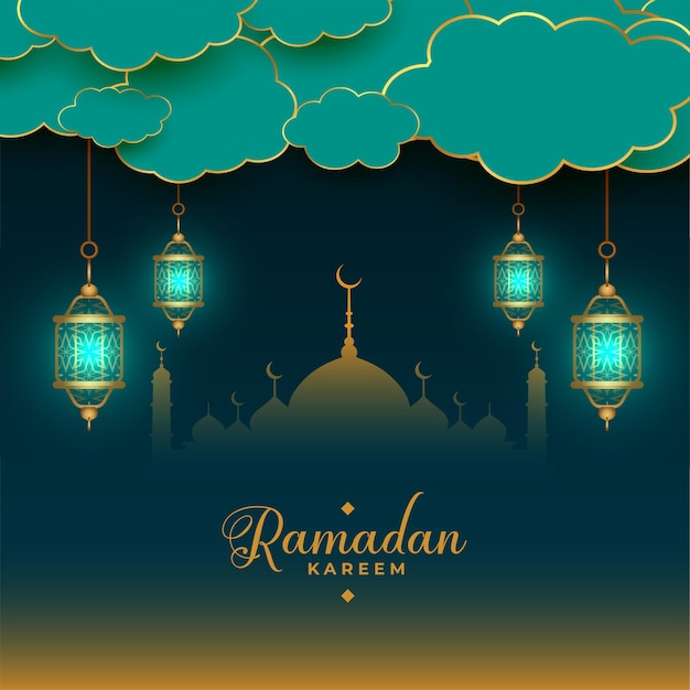 Traditional islamic ramadan kareem card design with hanging lanterns
