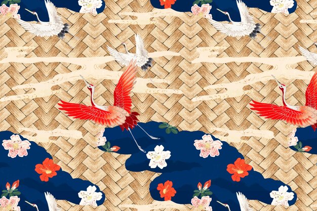 Traditional Japanese bamboo weave with crane pattern, remix of artwork by Watanabe Seitei