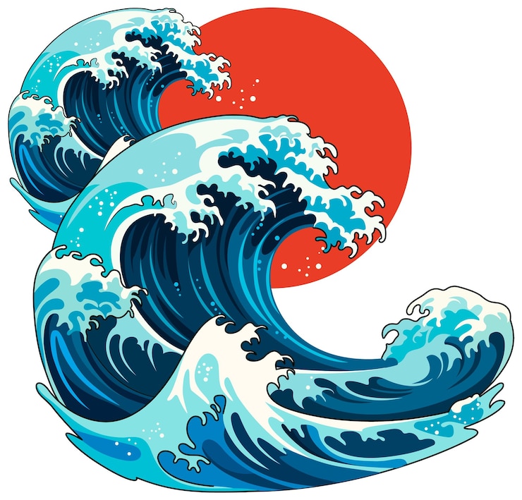 Free Vector traditional japanese painting wave under red sun