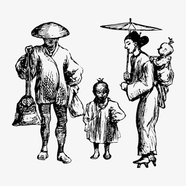 무료 벡터 전통적인 일본 농민 가족
