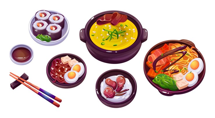 無料Vector 皿や鉢に置かれた伝統的な韓国料理