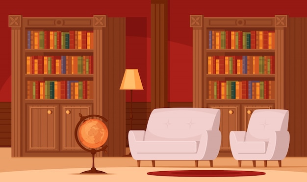 Традиционный библиотечный интерьер плоской ортогональной композиции с книжными полками земного шара светильник удобной кушетки ковра