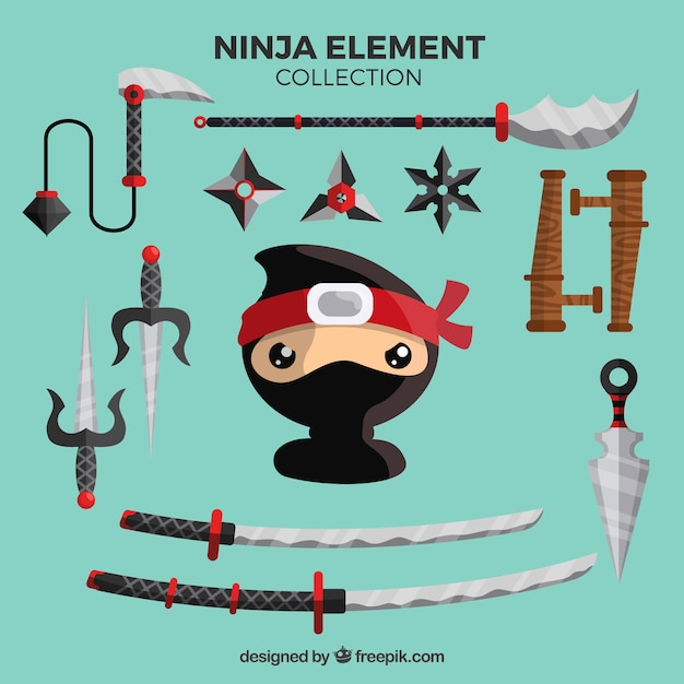 Vettore gratuito collezione di elementi ninja tradizionali con design piatto