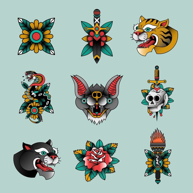 Traditional old school sticker set isolated on blue background