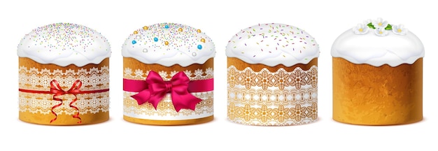 Vettore gratuito torte pasquali ortodosse tradizionali con set realistico di glassa bianca dolce isolato su sfondo bianco illustrazione vettoriale