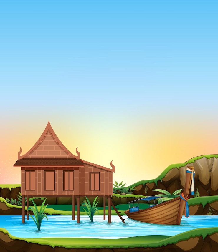 Free Vector traditional thai house by riverside at sunset